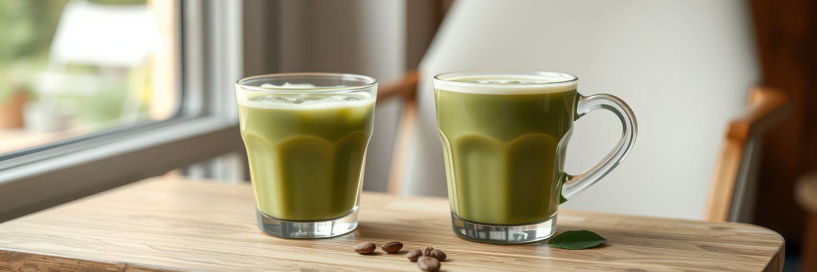 Delicious green beverages served in clear glasses on a wooden table by a sunny window in a cozy setting